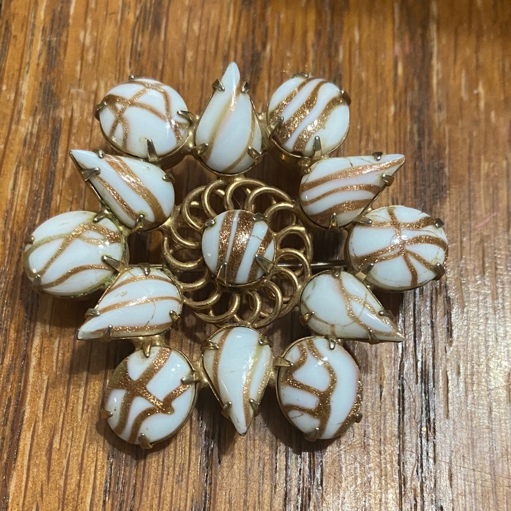 Milk Glass with Gold Floral Brooch